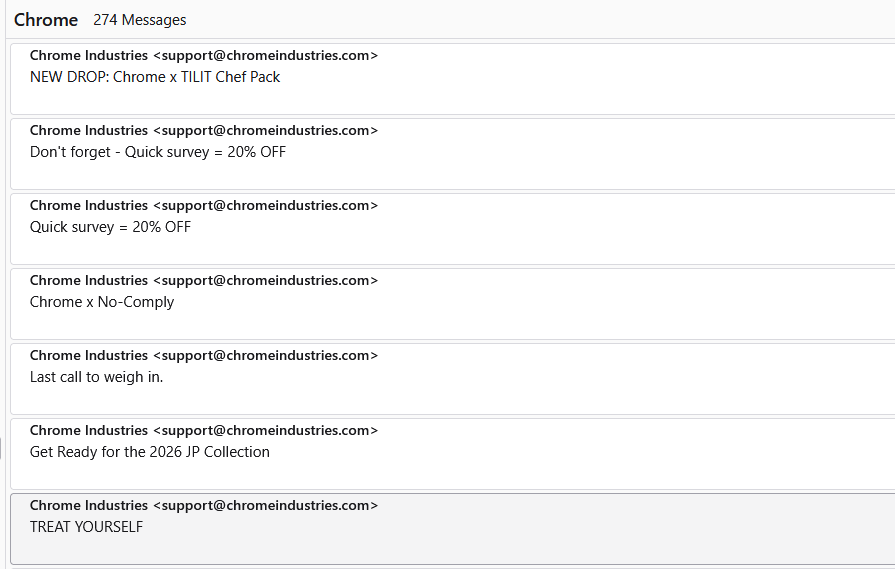 Figure shows email marketing subject lines from Chrome Industries. Some of the text is written use ALL CAPITAL LETTERS.