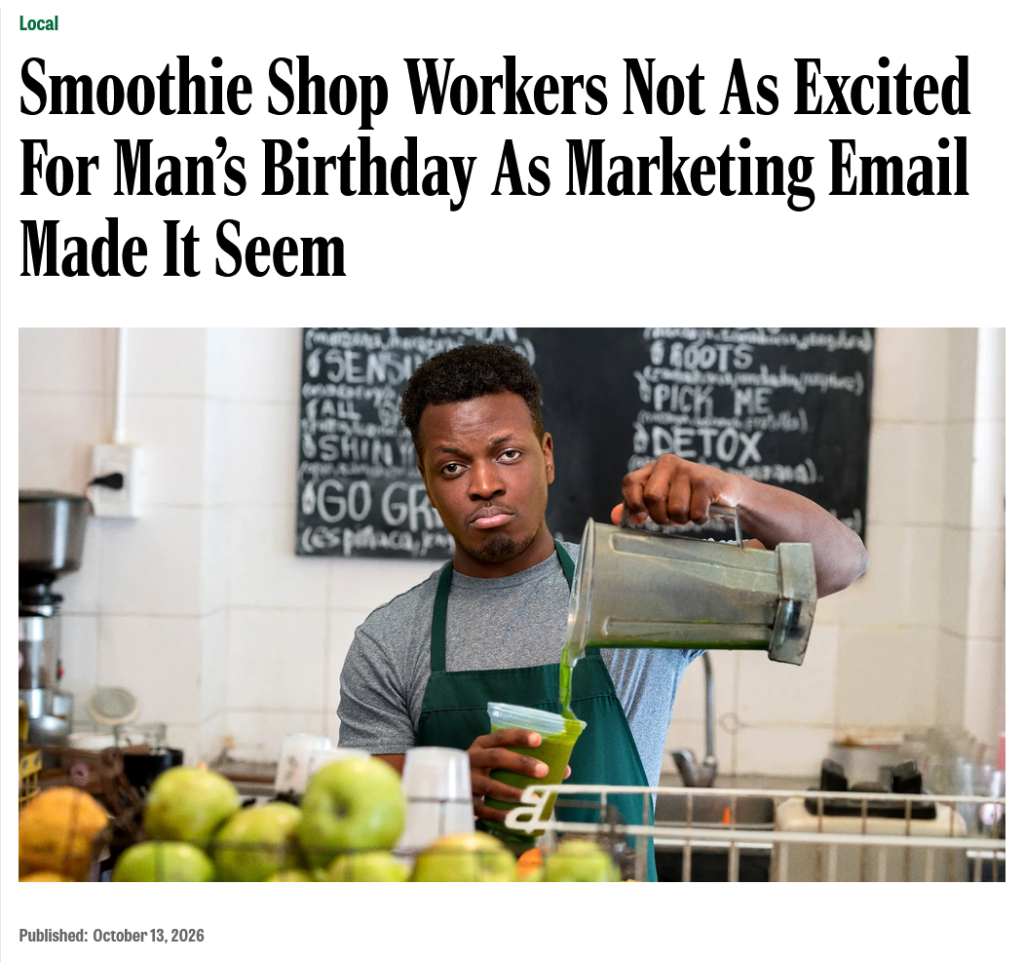 Picture shows an article from the Onion with the headline "Smoothie Shop Workers Not As Excited For Man’s Birthday As Marketing Email Made It Seem"